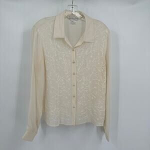 Casual Corner Womens Silk Blouse Size 8‎ Beaded Embroidered Cream Old Money Top